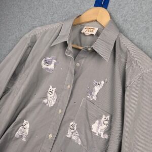 Vintage Tia Designs Shirt Women Large Black White Striped Cat Embroidered Button